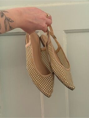 Beige Rhinestone Mesh Slingback Flats